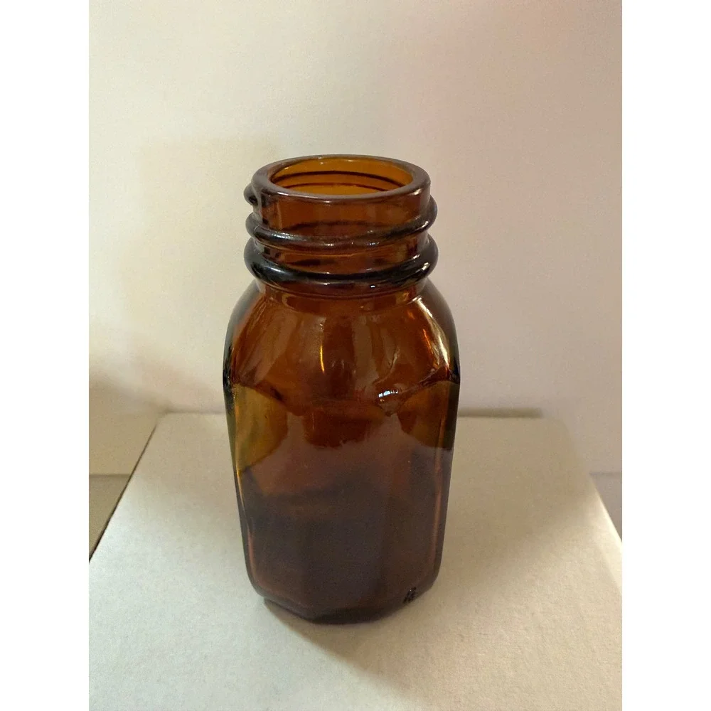 Vintage Amber Glass Apothecary Bottle Hexagonal Medicine Jar Brown 3.25 Inch
